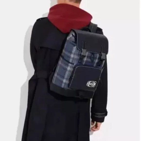 NWT Coach Men’s Canvas Leather W Plaid Print & Coach Stamp Track Backpack Navy - Picture 1 of 16